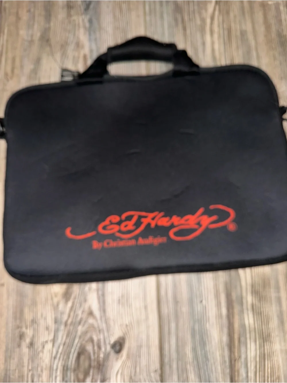 Ed Hardy Black Neoprene Sleeve with Colorful Skull & Heart Graphic Y2K Grunge